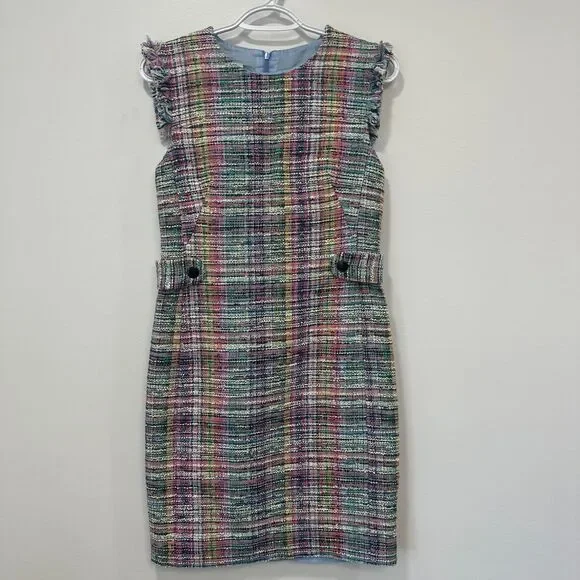Akris Punto Dresses | Akris Punto Multicolored Bleached Denim Dress 4 Tweed Plaid Career Fringe Nwt | Color: Red | Size: 4 | Mellowstate's Closet